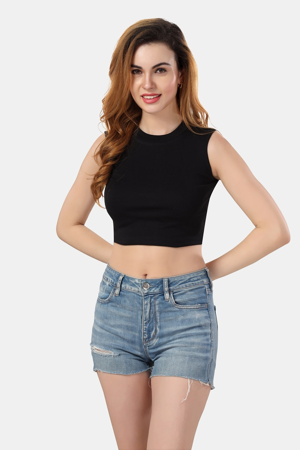 Fabme Women's Rib Black Turtle Neck Crop Top