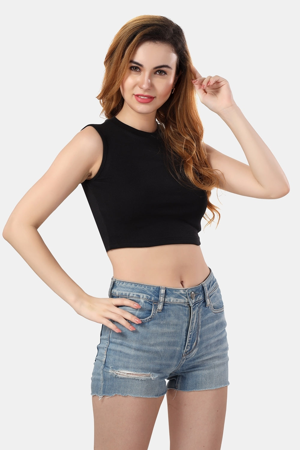 Fabme Women's Rib Black Turtle Neck Crop Top