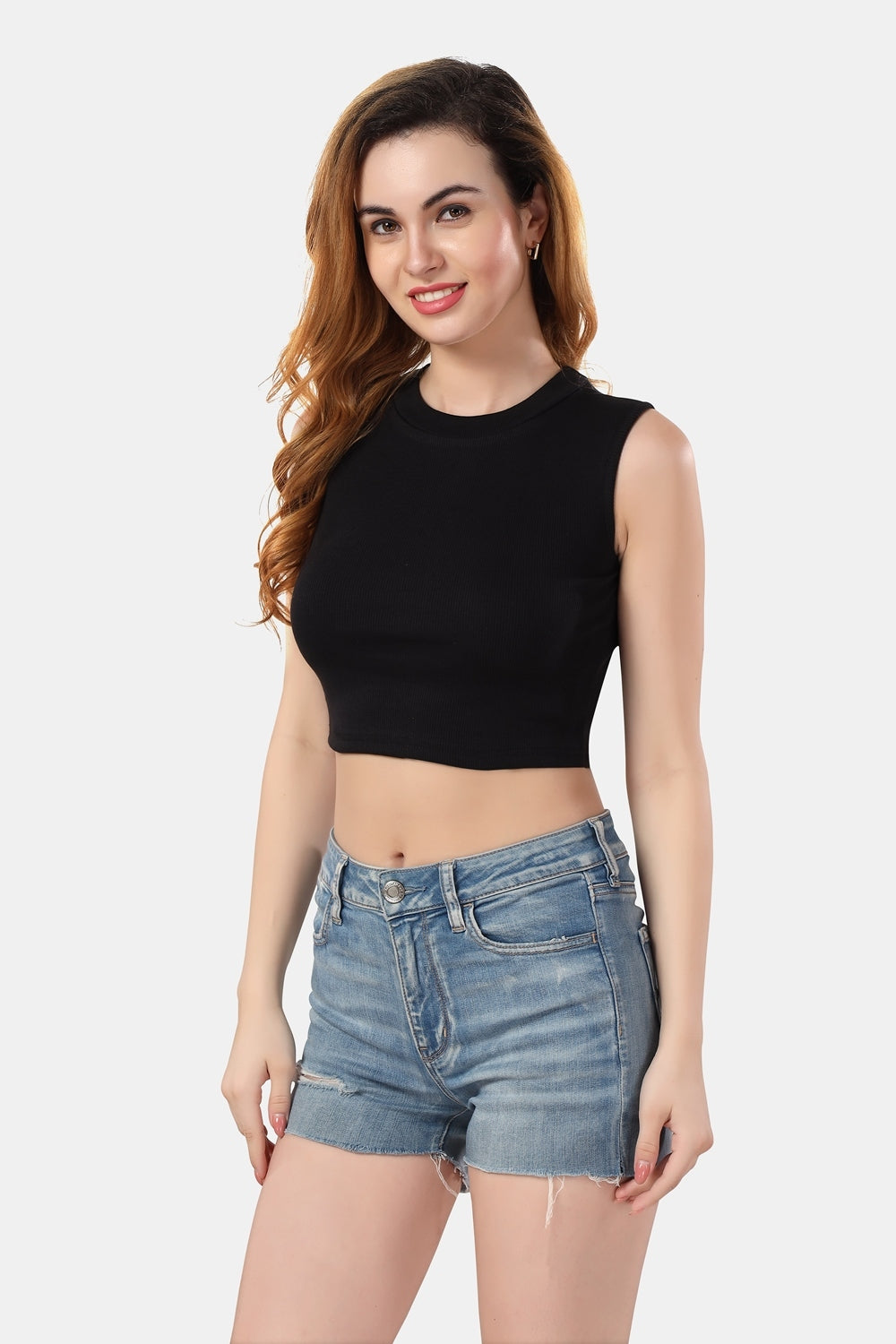 Fabme Women's Rib Black Turtle Neck Crop Top