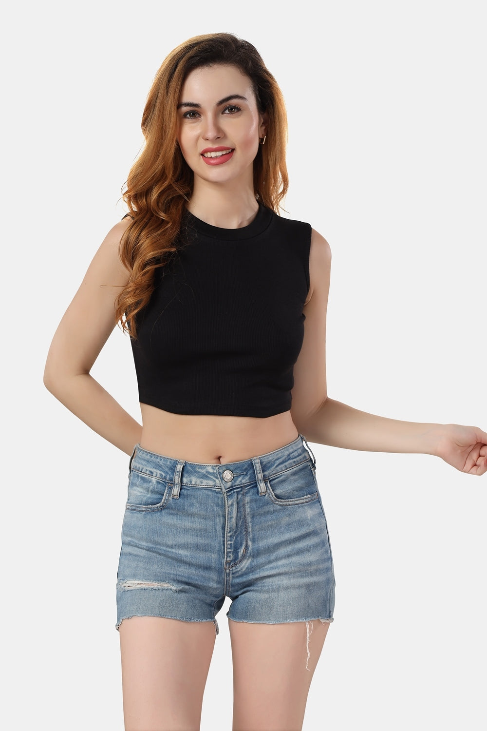 Fabme Women's Rib Black Turtle Neck Crop Top