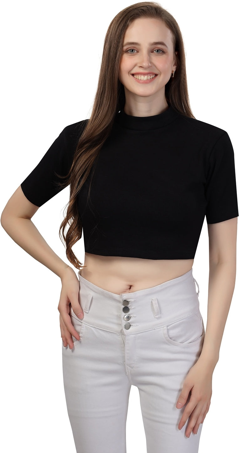 Fabme Women's Rib Black Turtle Neck Crop Top