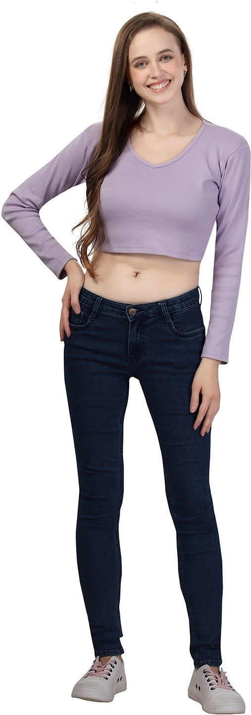 Fabme Women's Rib Lavender V Neck Crop Top