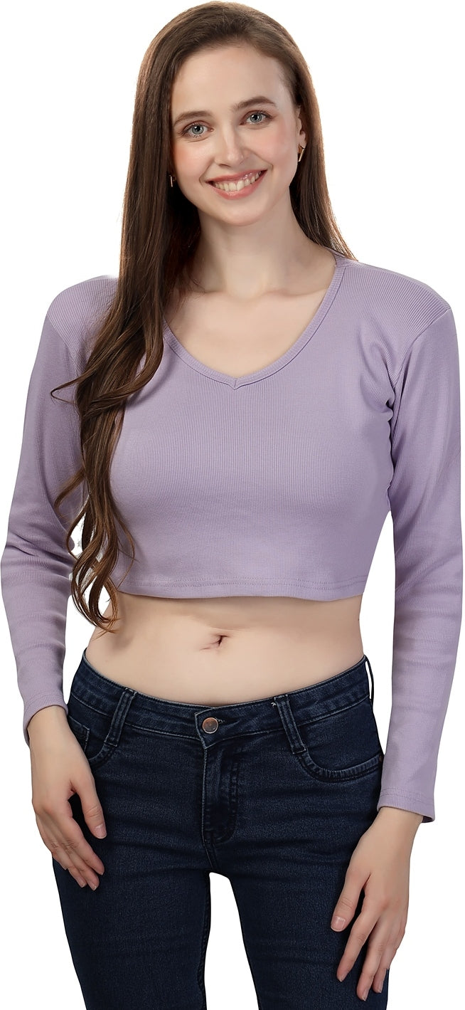 Fabme Women's Rib Lavender V Neck Crop Top