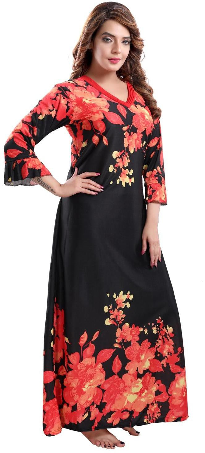 Fabme Women's Red Printed Sarina Satin / Polyester Full Length EveryDay Night Dress Nighty