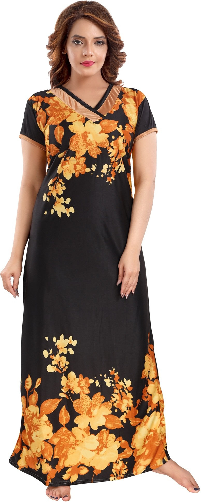 Fabme Women's Yellow Printed Sarina Satin / Polyester Full Length EveryDay Night Dress Nighty
