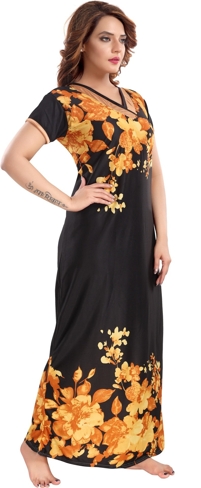 Fabme Women's Yellow Printed Sarina Satin / Polyester Full Length EveryDay Night Dress Nighty