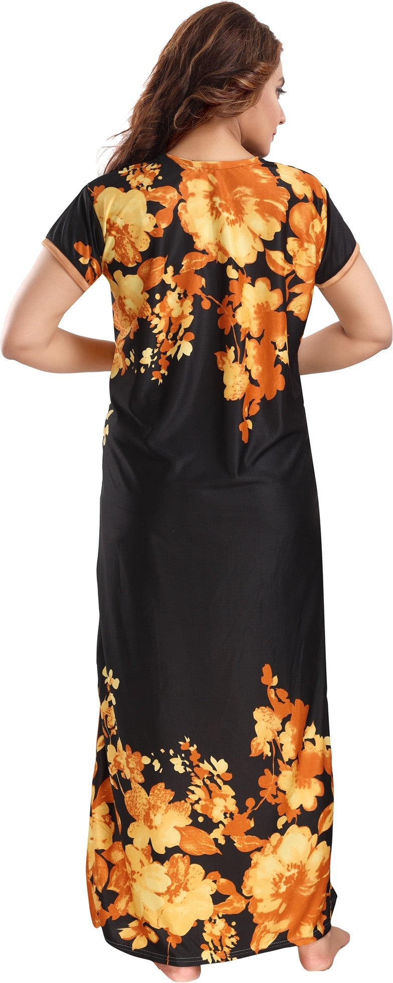 Fabme Women's Yellow Printed Sarina Satin / Polyester Full Length EveryDay Night Dress Nighty