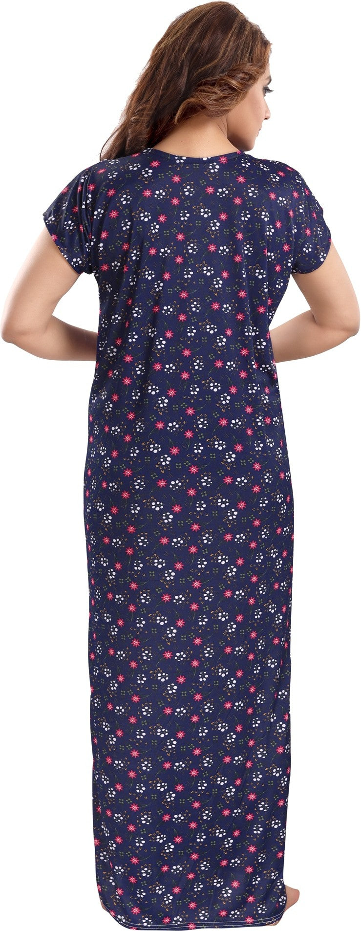 Fabme Women's Navy Blue Printed Sarina Satin / Polyester Full Length EveryDay Night Dress Nighty