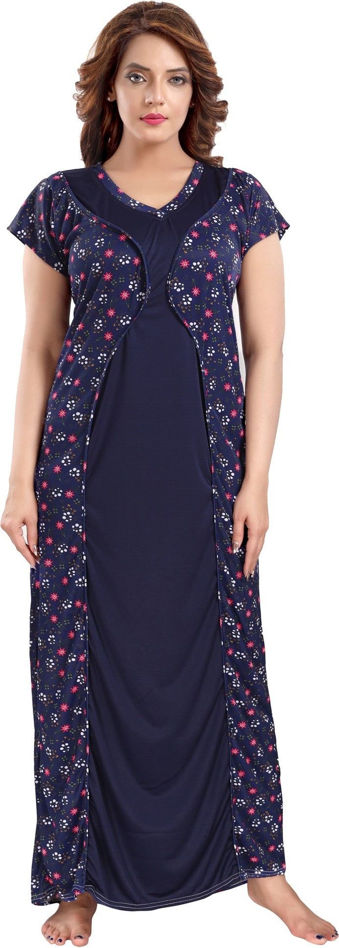 Fabme Women's Navy Blue Printed Sarina Satin / Polyester Full Length EveryDay Night Dress Nighty