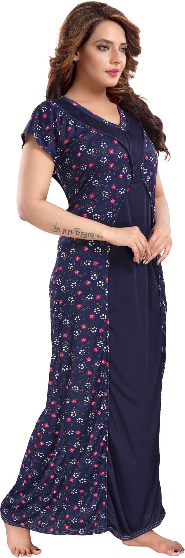 Fabme Women's Navy Blue Printed Sarina Satin / Polyester Full Length EveryDay Night Dress Nighty