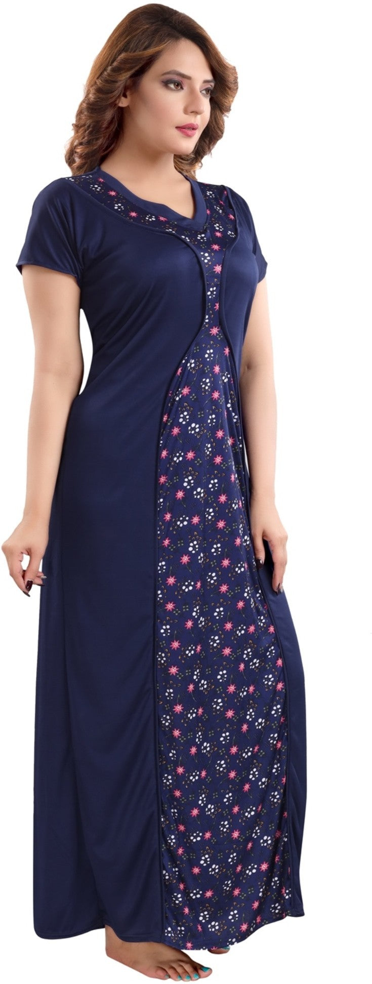 Fabme Women's Navy Blue Printed Sarina Satin / Polyester Full Length EveryDay Night Dress Nighty
