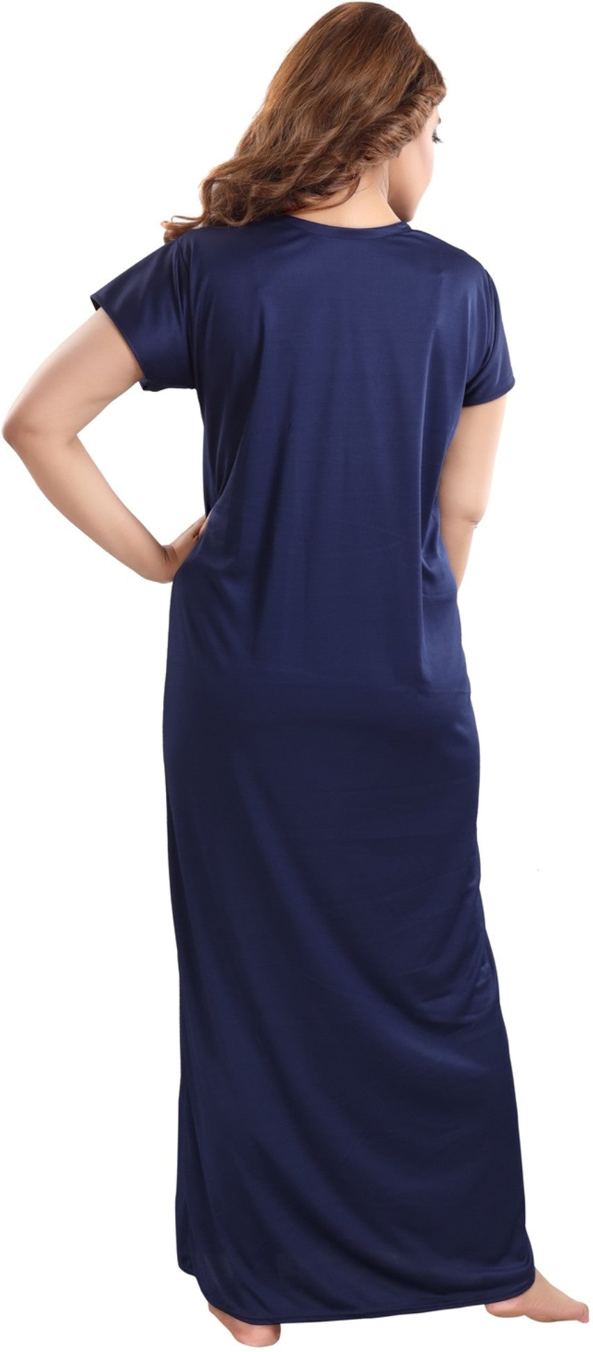 Fabme Women's Navy Blue Printed Sarina Satin / Polyester Full Length EveryDay Night Dress Nighty