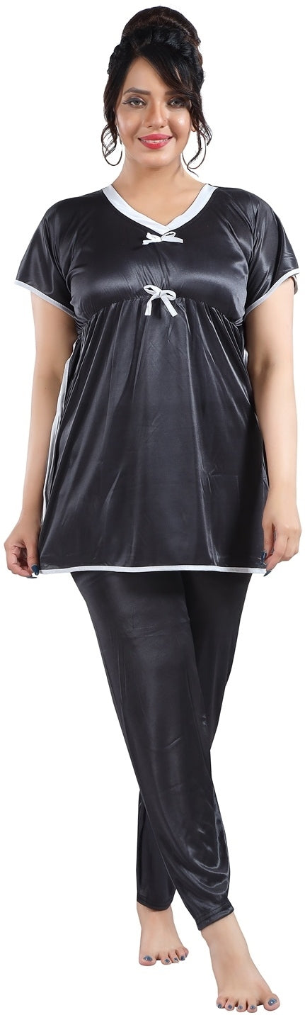 Fabme Women's Black Plain Satin EveryDay Top and Pyjama Set