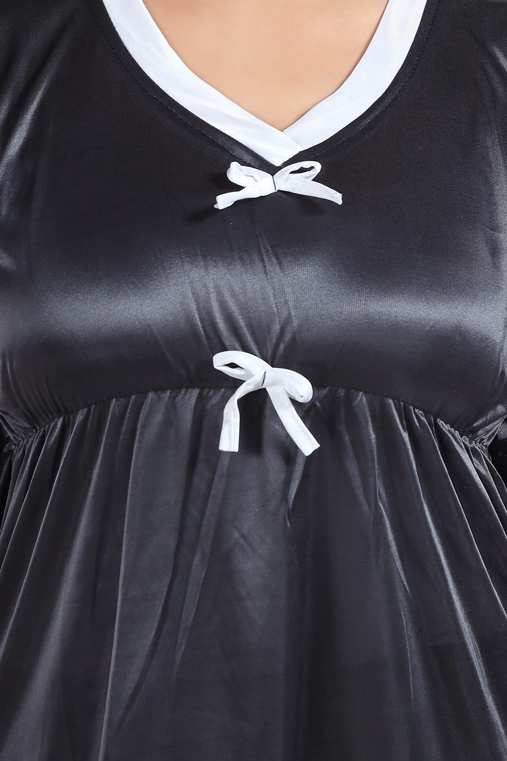 Fabme Women's Black Plain Satin EveryDay Top and Pyjama Set