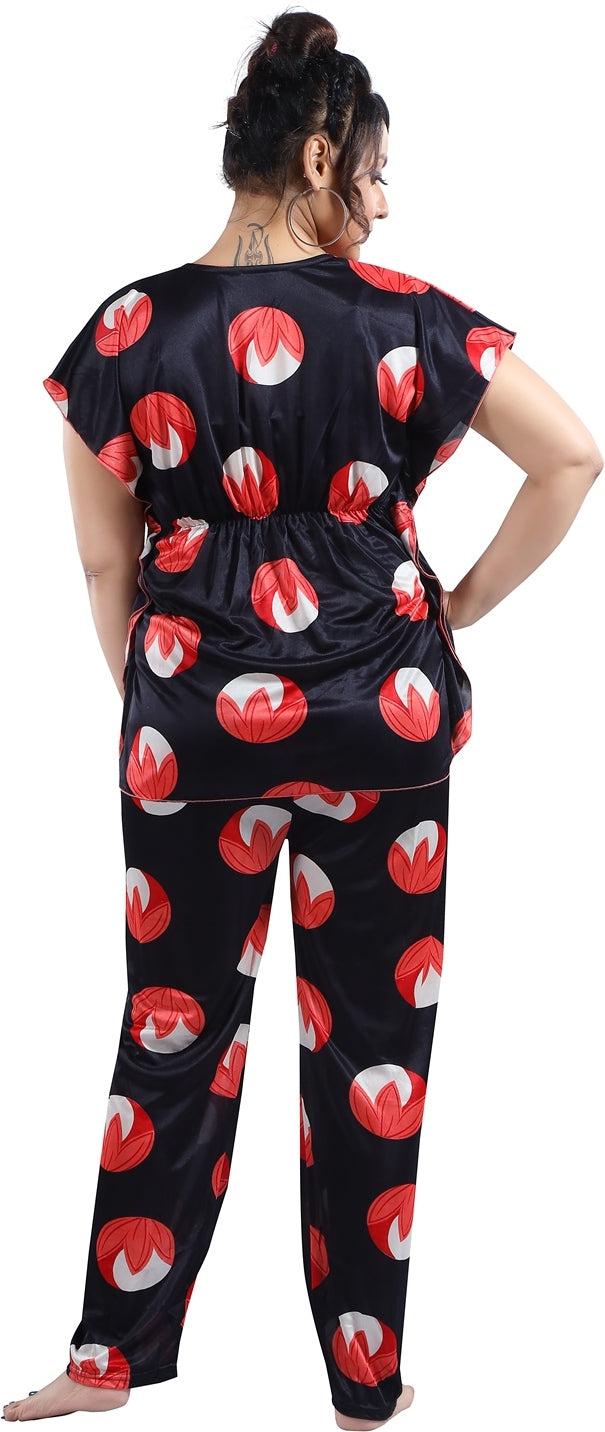 Fabme Women's Black Printed Satin EveryDay Top and Pyjama Set