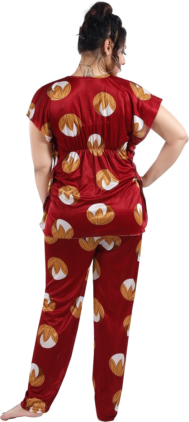 Fabme Women's Maroon Printed Satin EveryDay Top and Pyjama Set