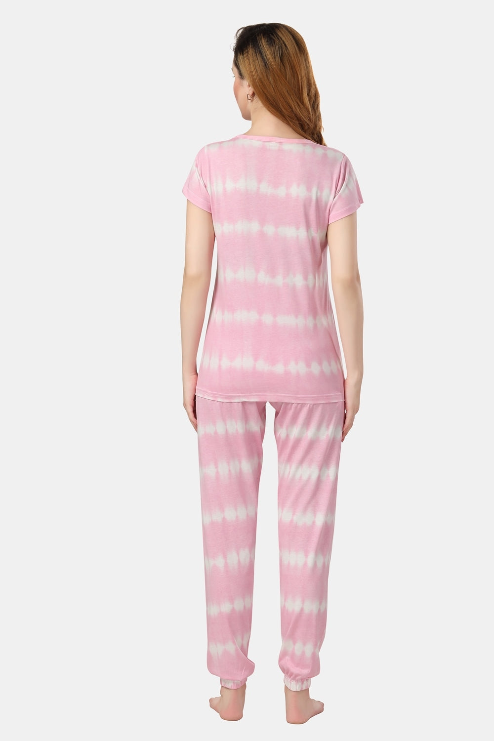 Fabme Women's Pink Printed Sinker Cotton EveryDay Top and Pyjama Set