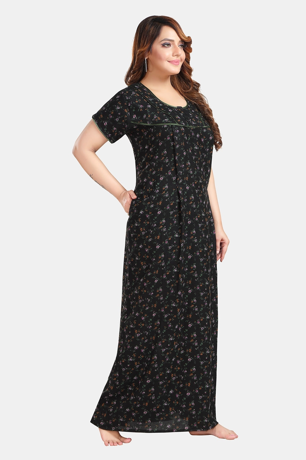 Fabme Women's Black Horizontal Zip Alpine Cotton Full Length Maternity Night Dress Nighty