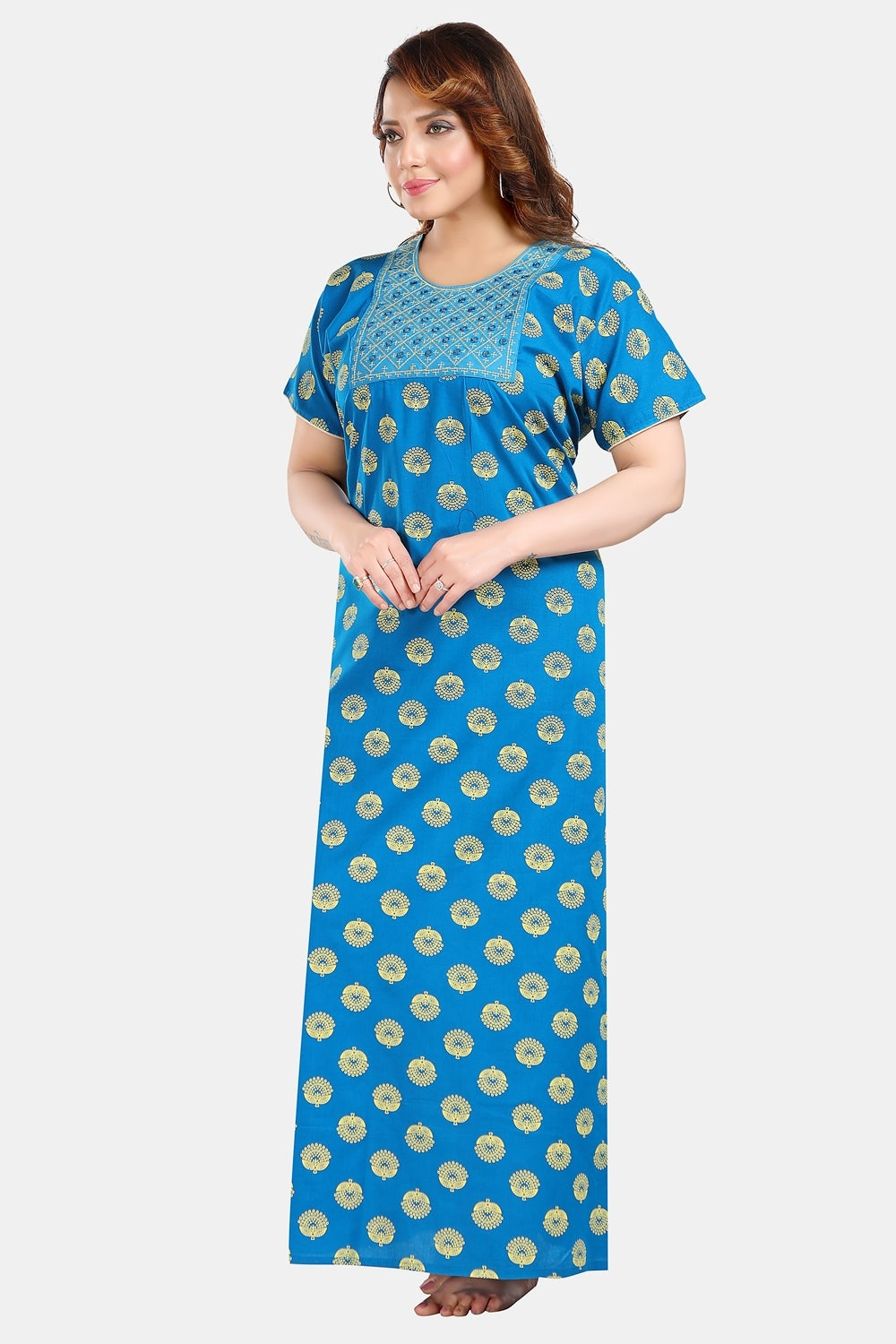 Fabme Women's Light Blue Mirror Work Cotton Full Length EveryDay Night Dress Nighty
