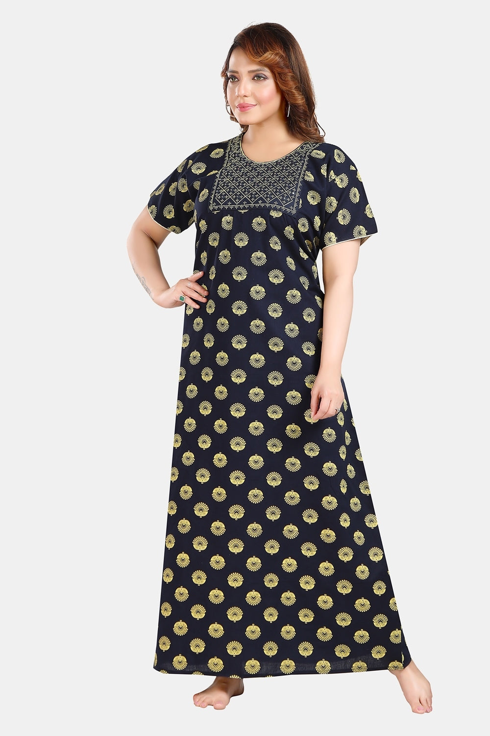 Fabme Women's Navy Blue Mirror Work Cotton Full Length EveryDay Night Dress Nighty