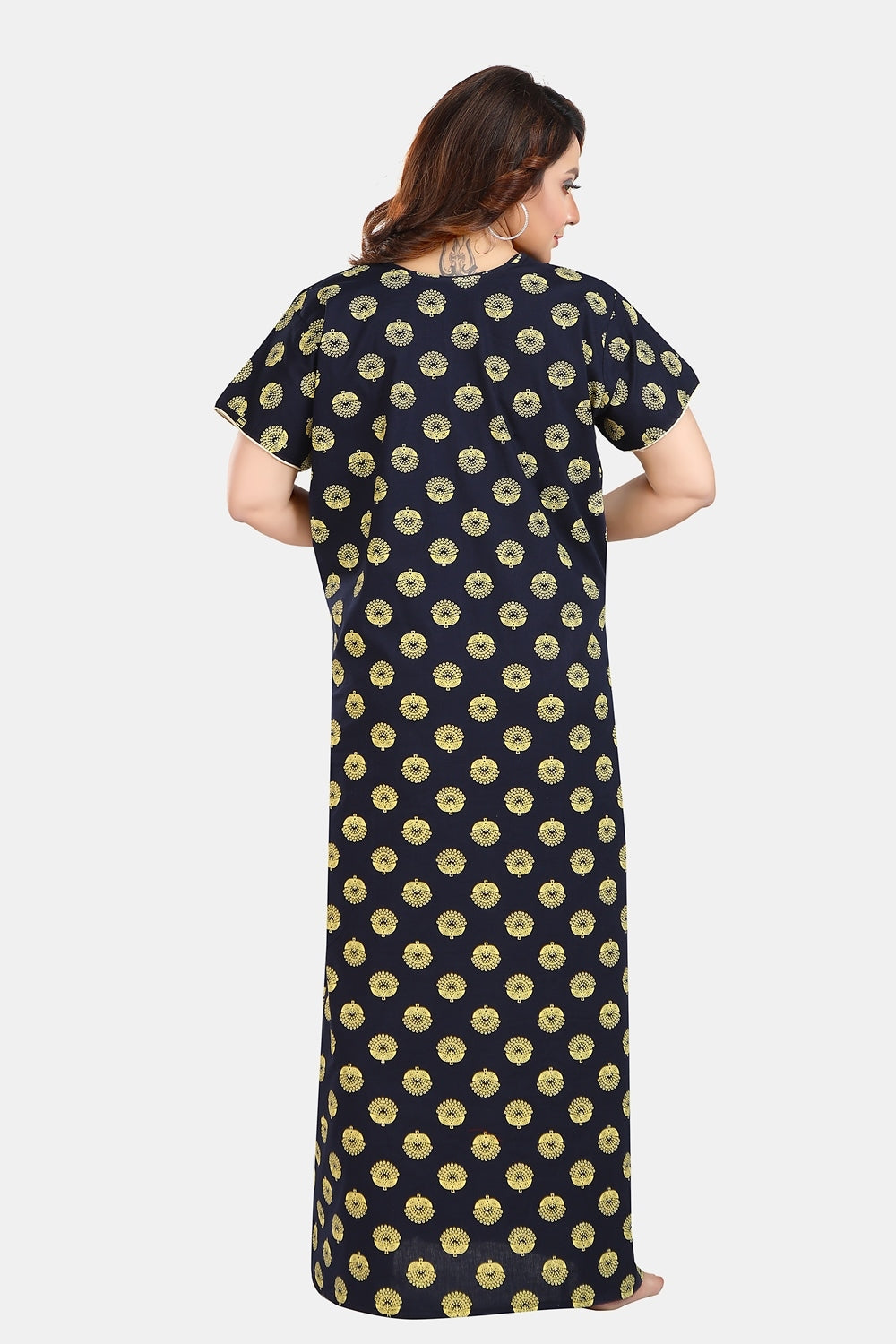 Fabme Women's Navy Blue Mirror Work Cotton Full Length EveryDay Night Dress Nighty