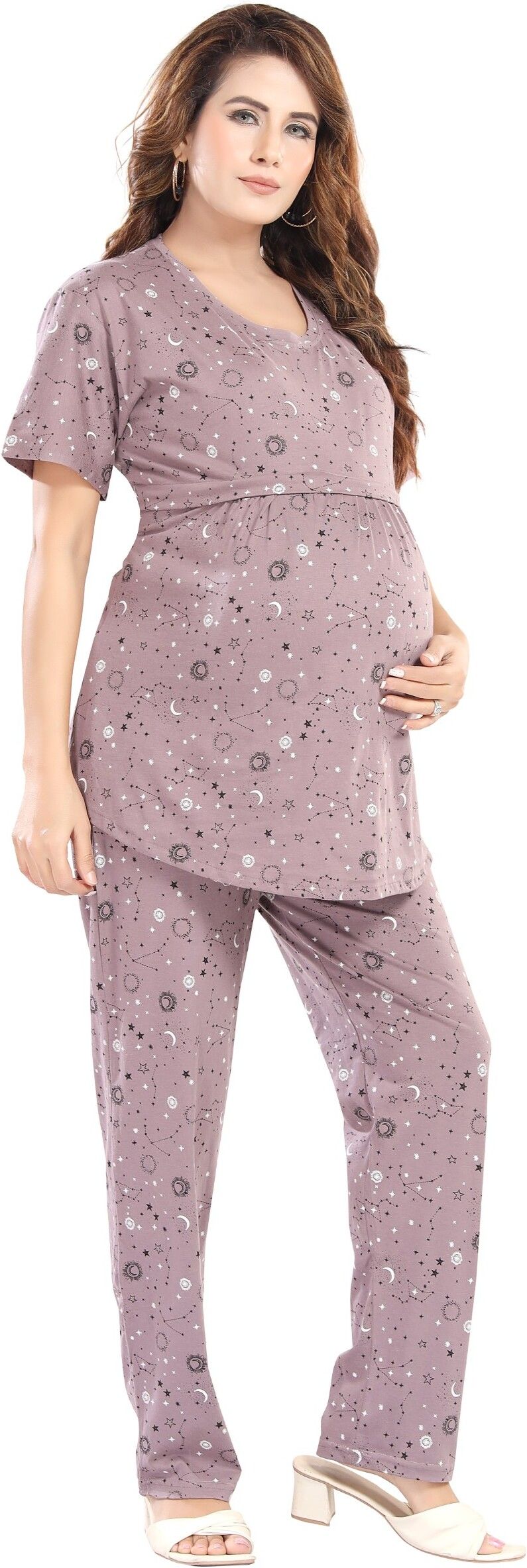 Fabme Pure Cotton Knit Half Sleeves Printed Night Suit - Purple Grey