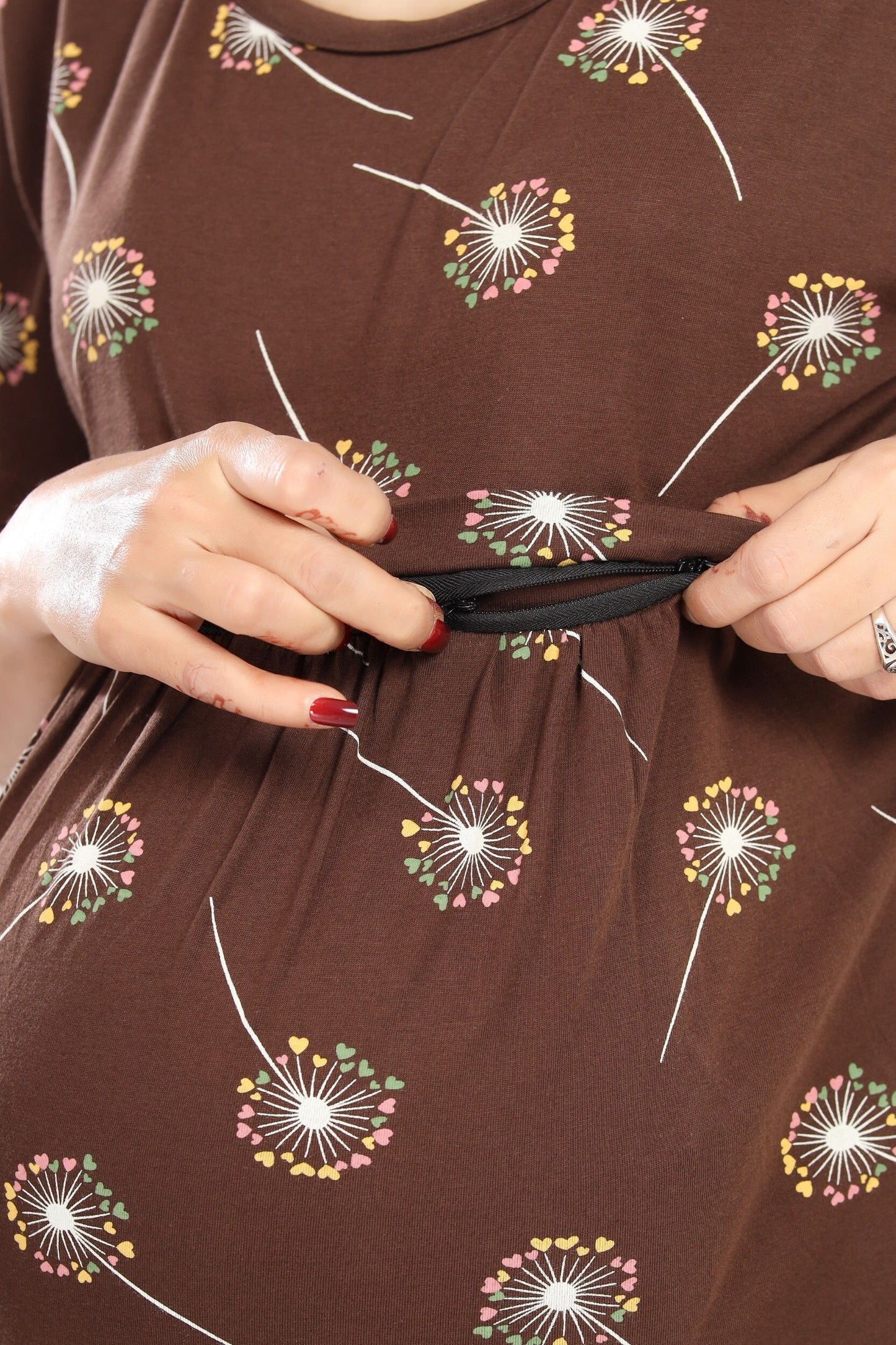 Fabme Women's Full Length Printed Pre and Post Pregnancy Pure Cotton Nursing Nightdress Nighty - Brown