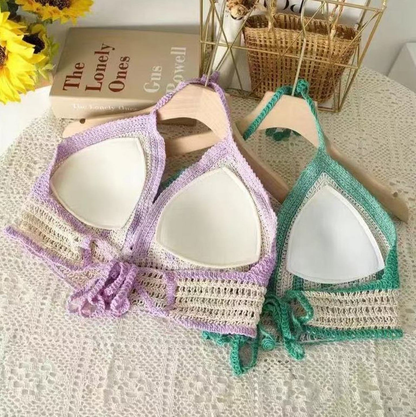 Fabme Women's Padded Crochet Halter Crop Top