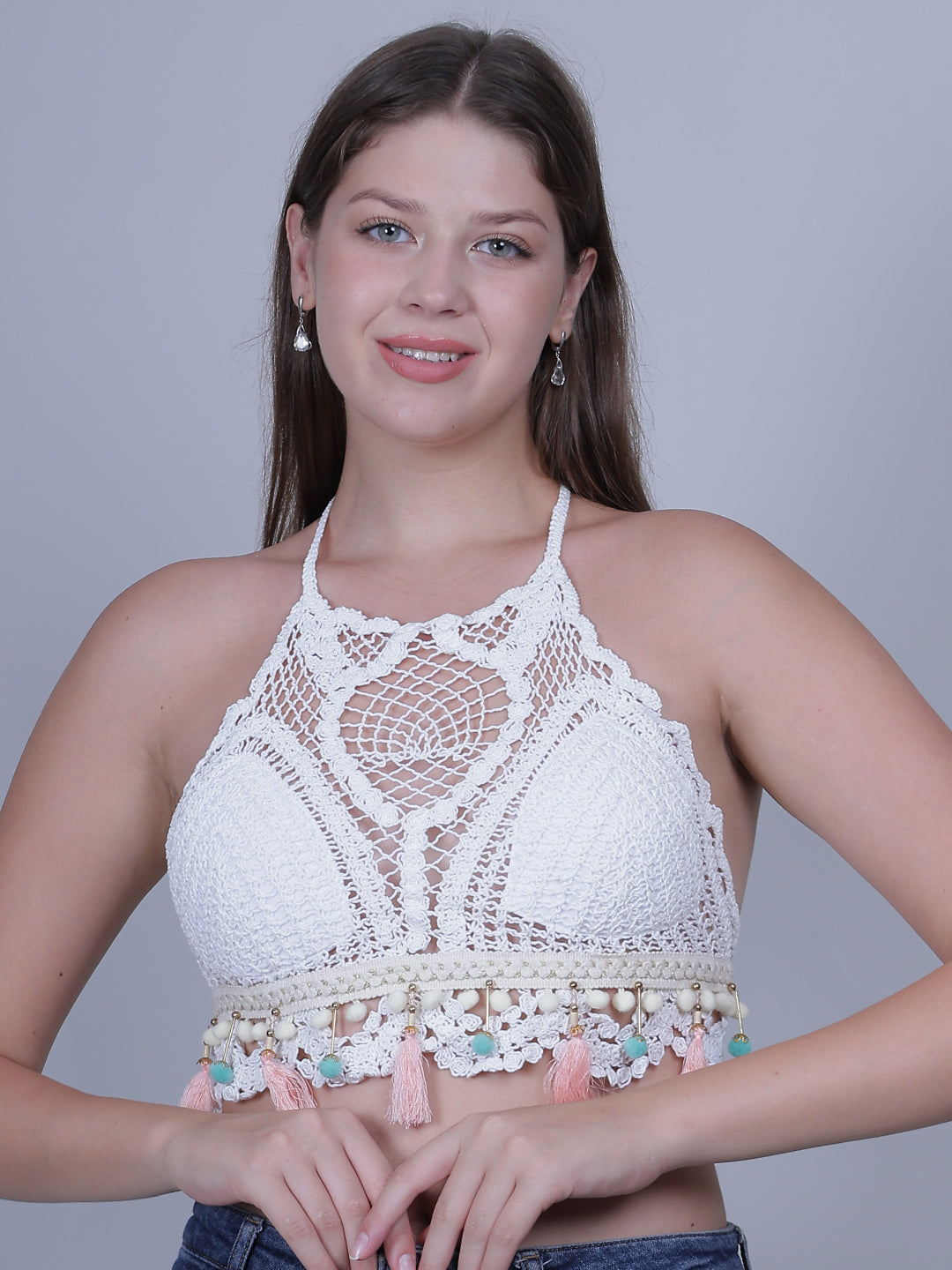Fabme Women's Crochet Padded Top with Tassels