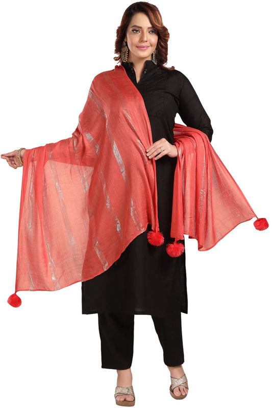 Fabme Women's Full Size, Soft Rayon, Striped, Large Balls Embellish, Dupatta