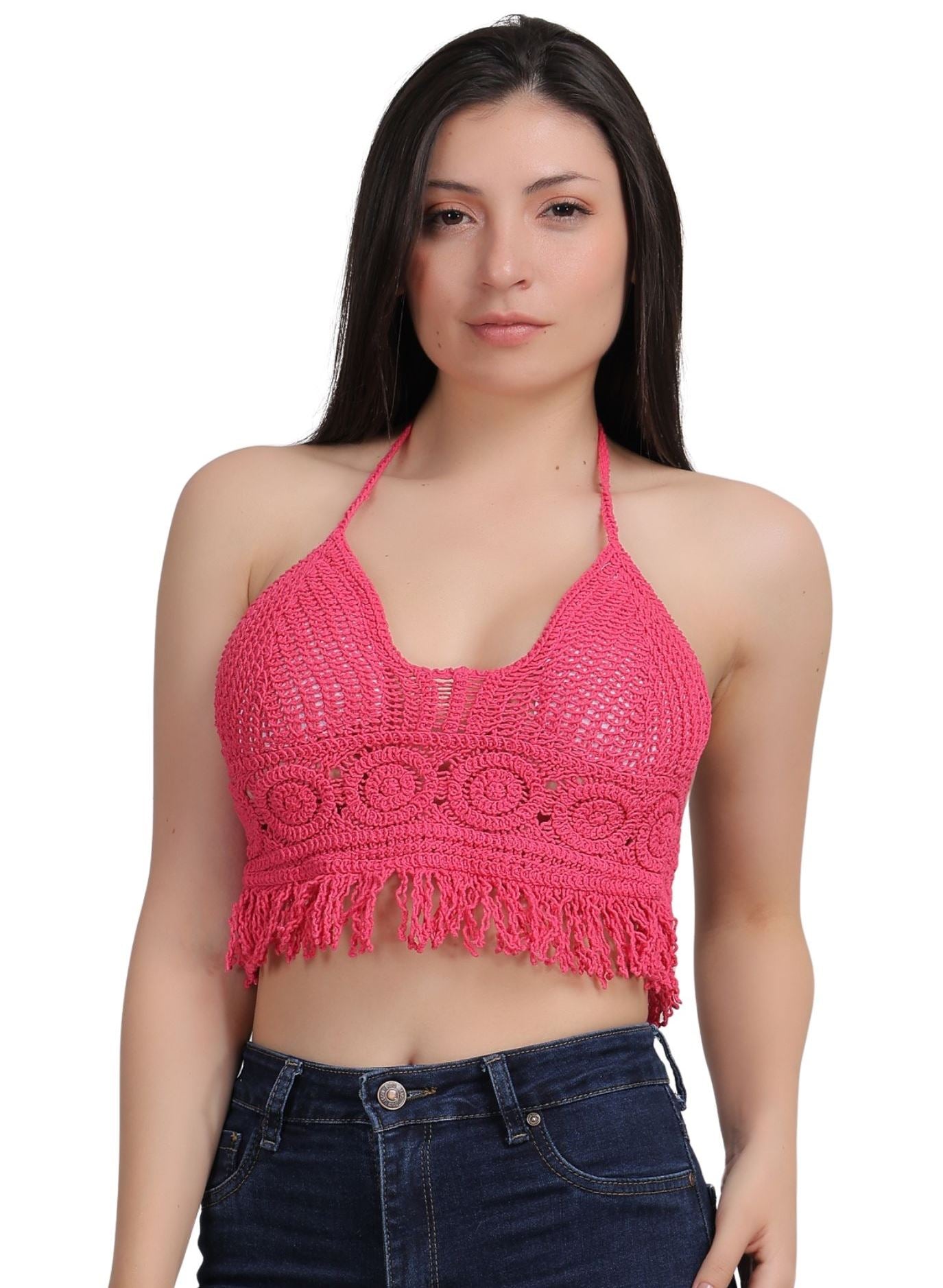 Fabme Crochet Halter Neck Padded Bikini attached Pad Lace Up Beachwear Bralette Crop Top/Bra - Dark Pink