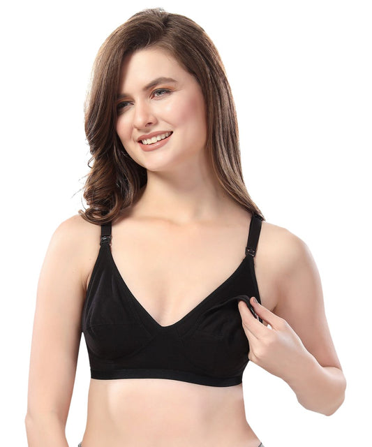 Fabme Women's Black Seamed Non-Padded  Non Wired Nursing Bra