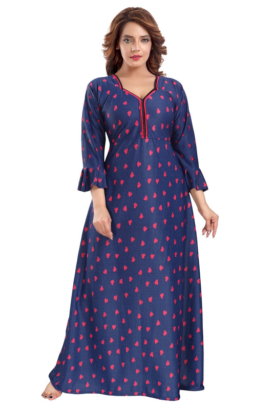 Fabme Women's Dark Pink Printed Sarina Satin / Polyester Full Length EveryDay Night Dress Nighty