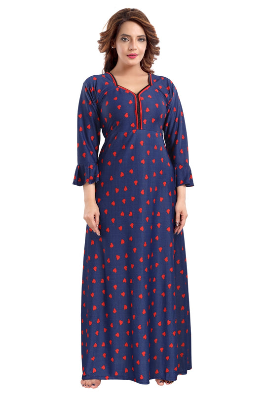 Fabme Women's Red Printed Sarina Satin / Polyester Full Length EveryDay Night Dress Nighty