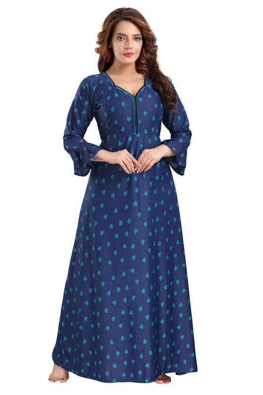 Fabme Women's Sea Green Printed Sarina Satin / Polyester Full Length EveryDay Night Dress Nighty
