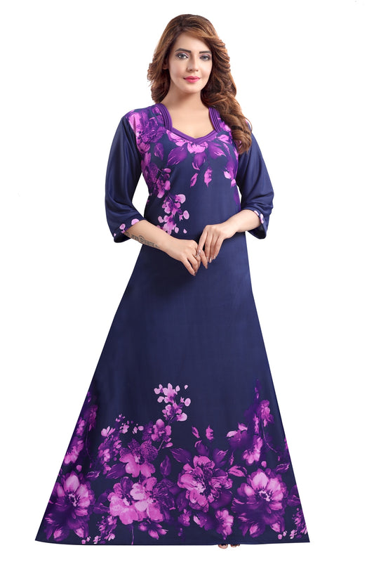 Fabme Women's Purple Printed Sarina Satin / Polyester Full Length EveryDay Night Dress Nighty