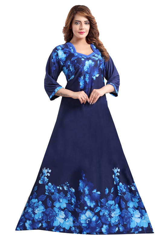 Fabme Women's Blue Printed Sarina Satin / Polyester Full Length EveryDay Night Dress Nighty