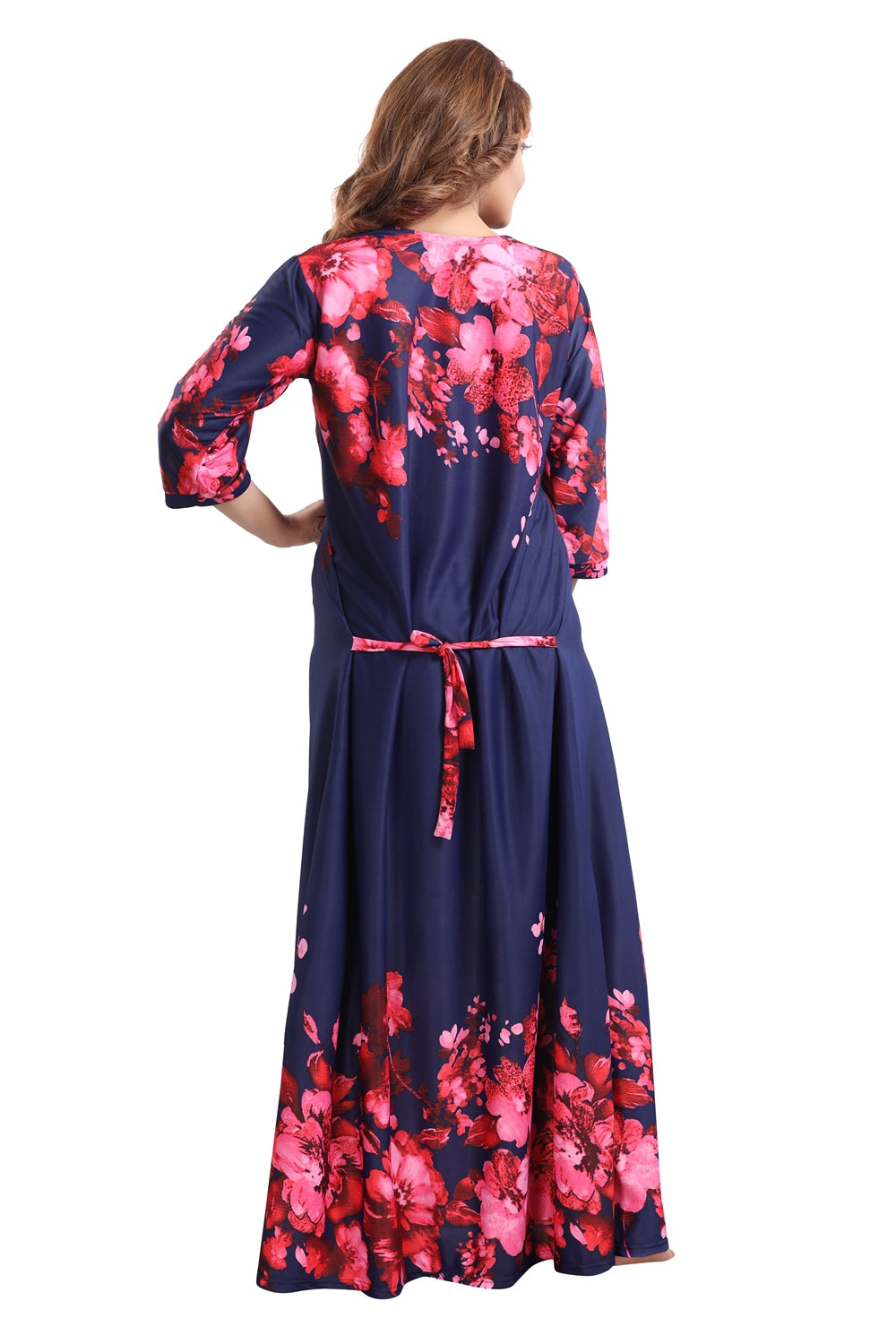 Fabme Women's Red Printed Sarina Satin / Polyester Full Length EveryDay Night Dress Nighty