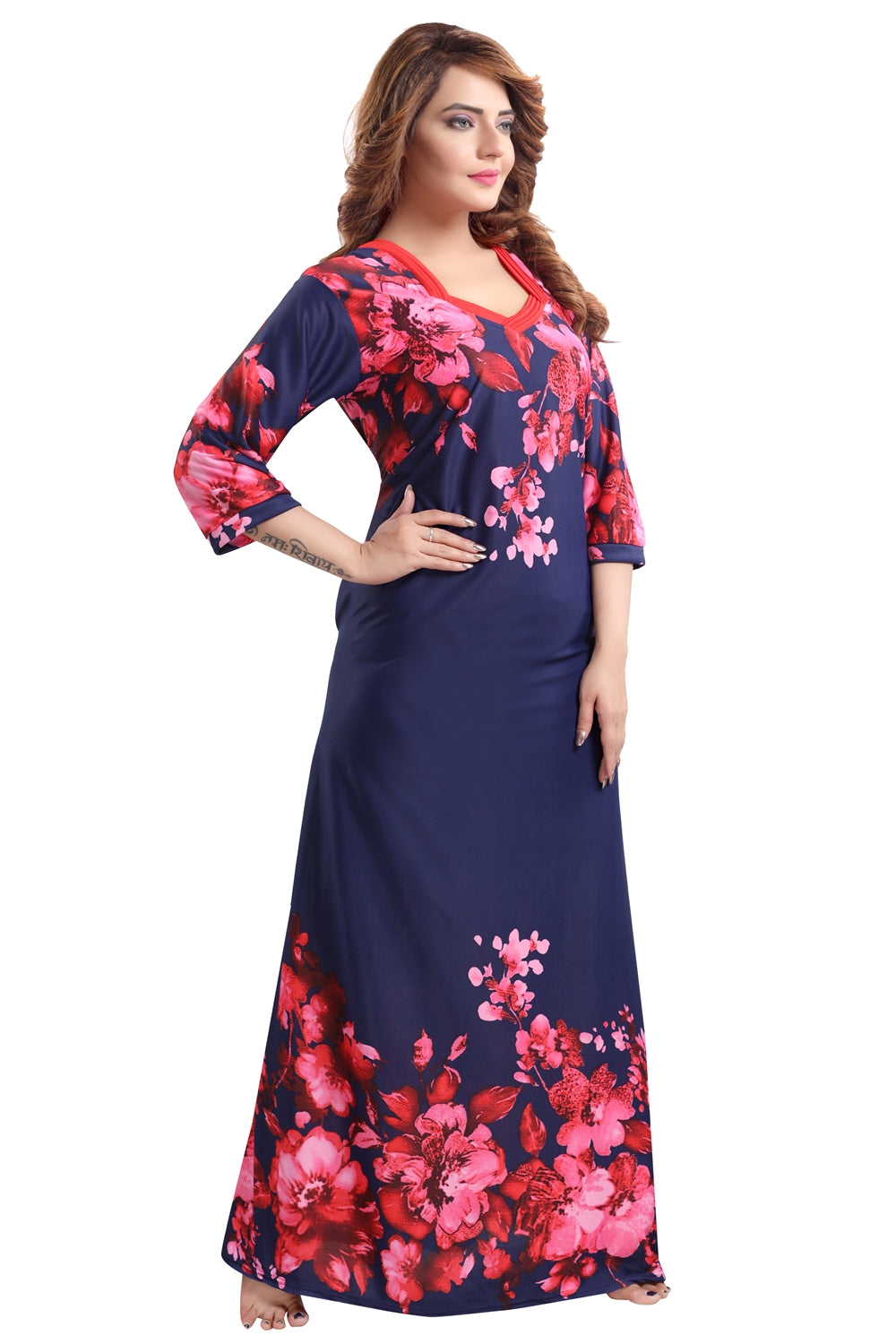 Fabme Women's Red Printed Sarina Satin / Polyester Full Length EveryDay Night Dress Nighty