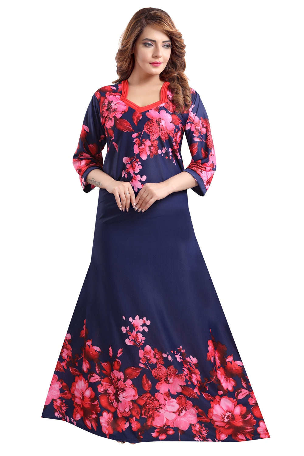 Fabme Women's Red Printed Sarina Satin / Polyester Full Length EveryDay Night Dress Nighty