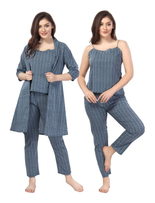 Fabme Women's Navy Blue Printed Pure Cotton   Co-Ord Set