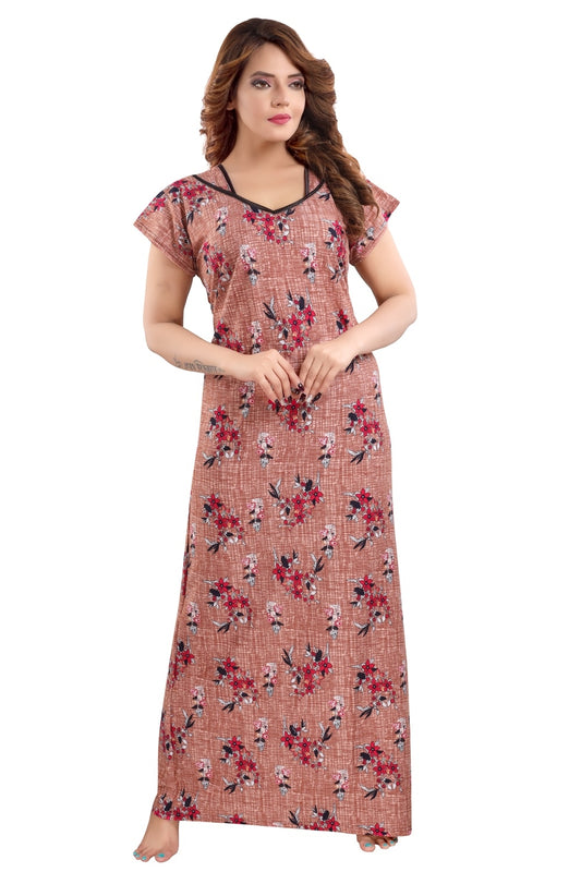 Fabme Women's Chocolate Printed Cotton Full Length EveryDay Night Dress Nighty