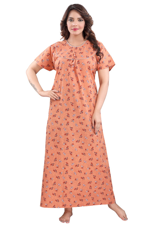 Fabme Women's Light Orange Printed Cotton Full Length EveryDay Night Dress Nighty