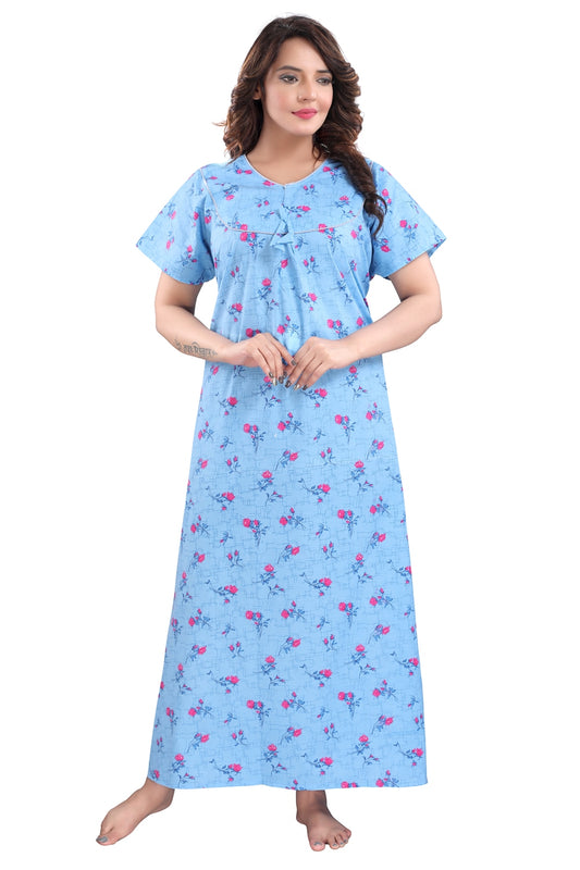 Fabme Women's Light Blue Printed Cotton Full Length EveryDay Night Dress Nighty