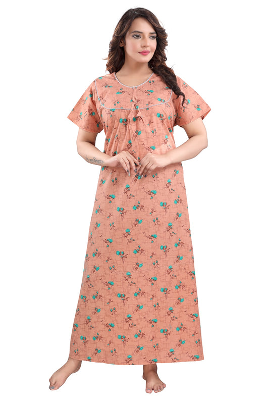 Fabme Women's Light Orange Printed Cotton Full Length EveryDay Night Dress Nighty