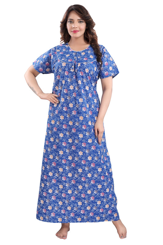 Fabme Women's Blue Printed Cotton Full Length EveryDay Night Dress Nighty