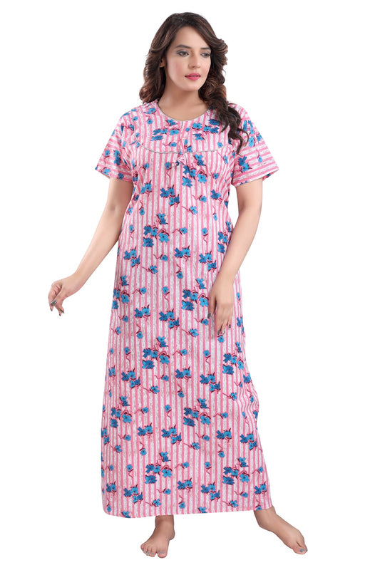 Fabme Women's Pink Printed Cotton Full Length EveryDay Night Dress Nighty