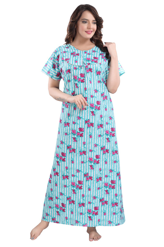 Fabme Women's Sea Green Printed Cotton Full Length EveryDay Night Dress Nighty