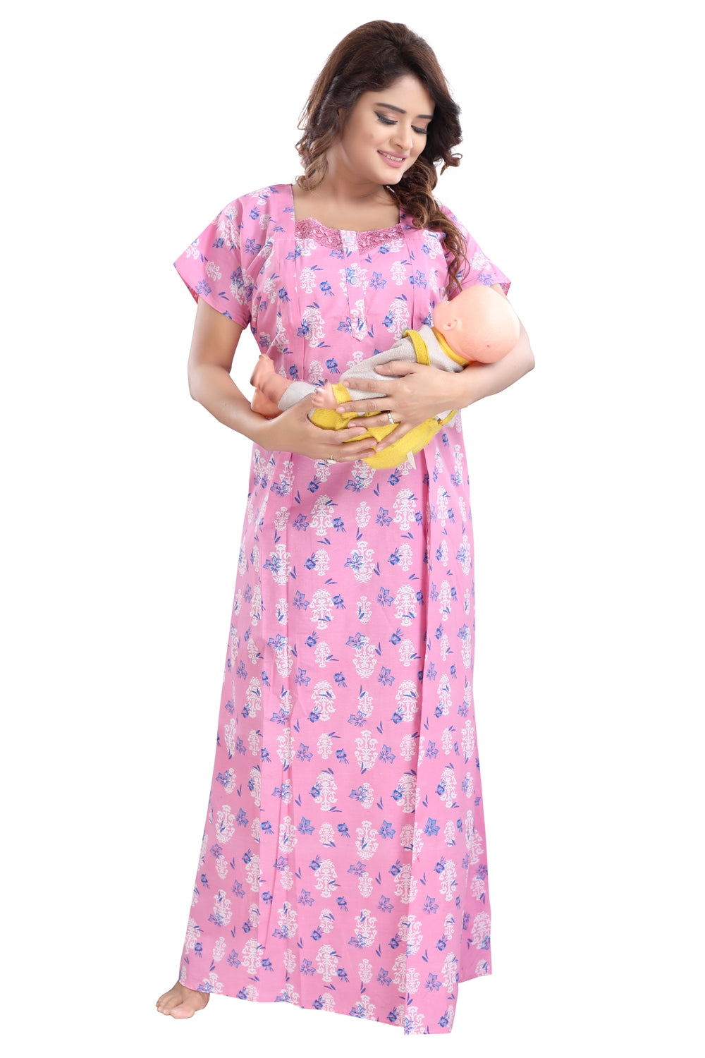 Fabme Women's Pink Vertical Zip Cotton Full Length Maternity Night Dress Nighty