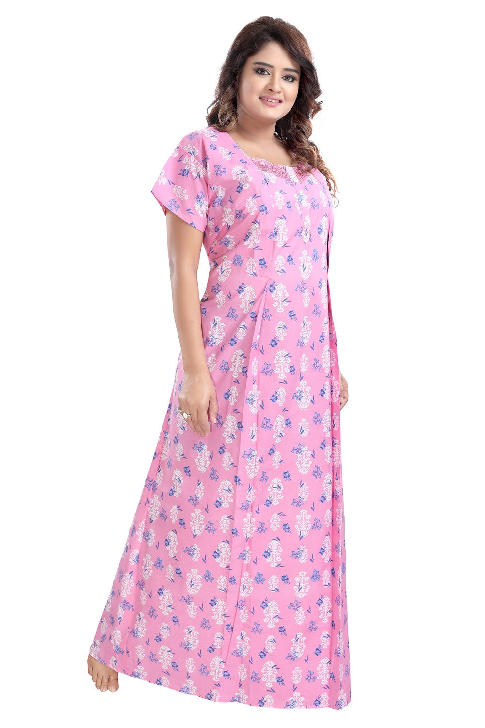 Fabme Women's Pink Vertical Zip Cotton Full Length Maternity Night Dress Nighty